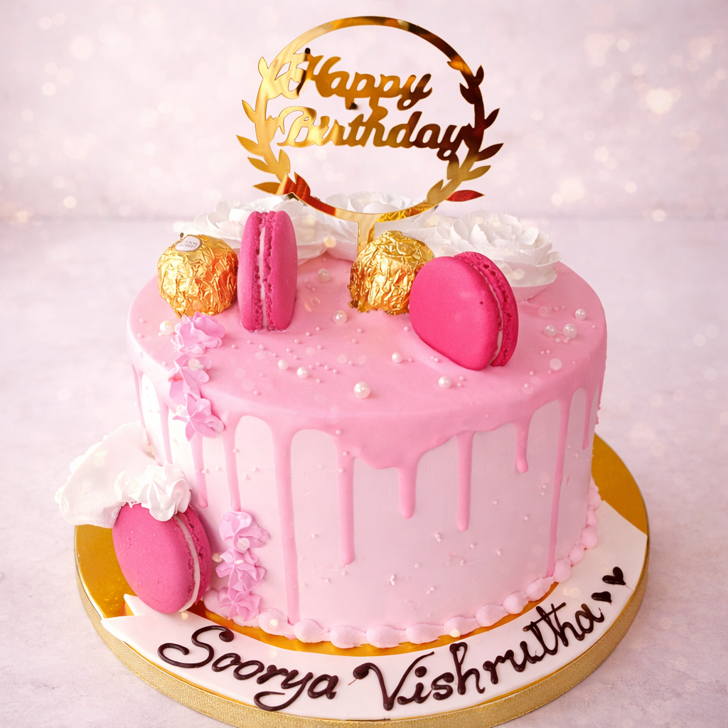 Pink Drip Macaron Birthday Cake