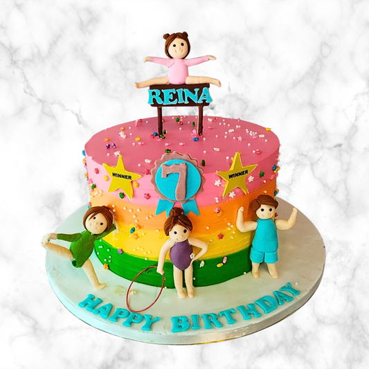Gymnastics-Themed Rainbow Birthday Cake