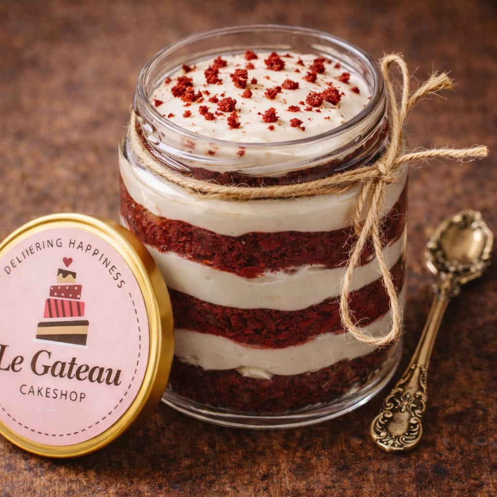 Le Gateau Cakeshop red velvet cake in a jar with a decorative label on a brown background